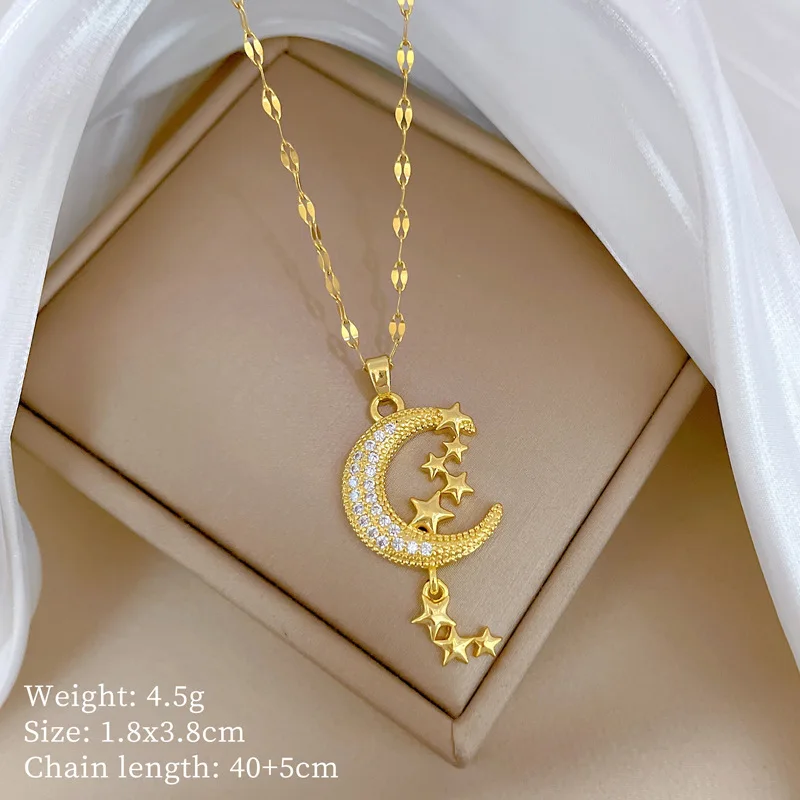 XIYANIKE 316L Stainless Steel Zircon Moon Star Tassels Pendant Necklace For Women Niche Temperament Clavicle Chain Party Gifts