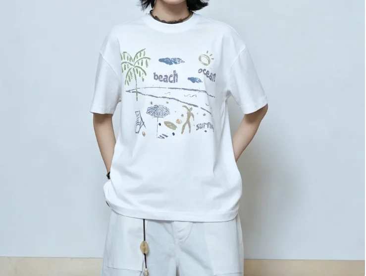 2026 New Family Matching Unisex Oversized T Shirt Beach Ocean Coconut Tree Hand Drawn Seaside Scene Print Streetwear Tee