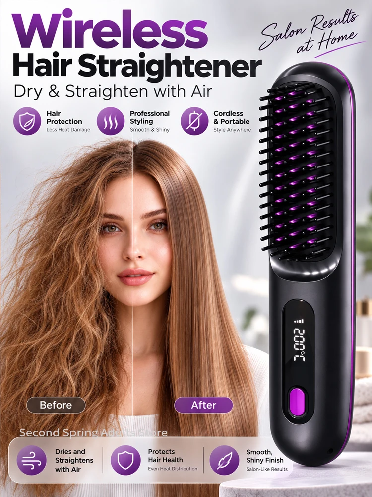 Portable Hair Straightener Brush USB Charging Cordless Hot Comb  Wireless Ceramic Coating Ionic Anti Frizz Styling Tool