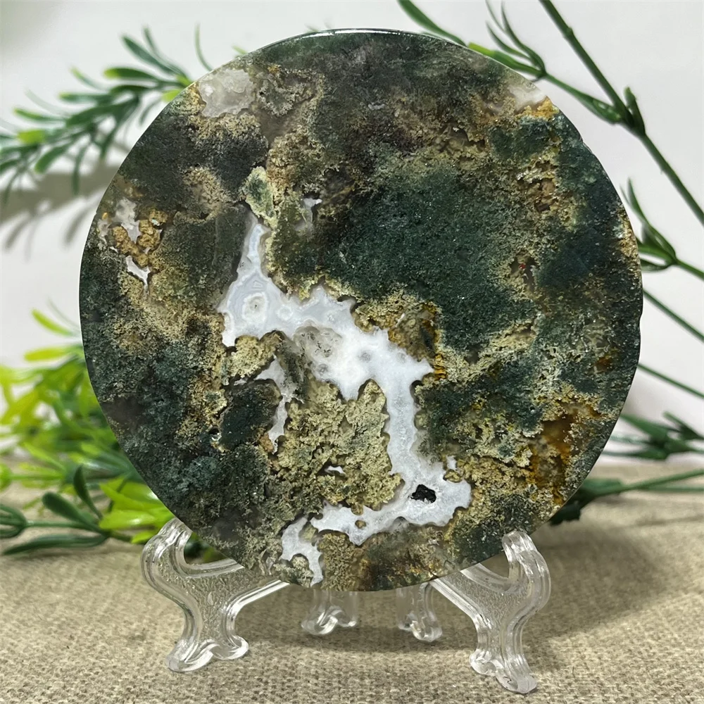 Crystal Natural Moss Agate Slab Slice Stone Quartz Reiki Carving Healing Mineral Specimen Home Stone Decoration Energy +Stand