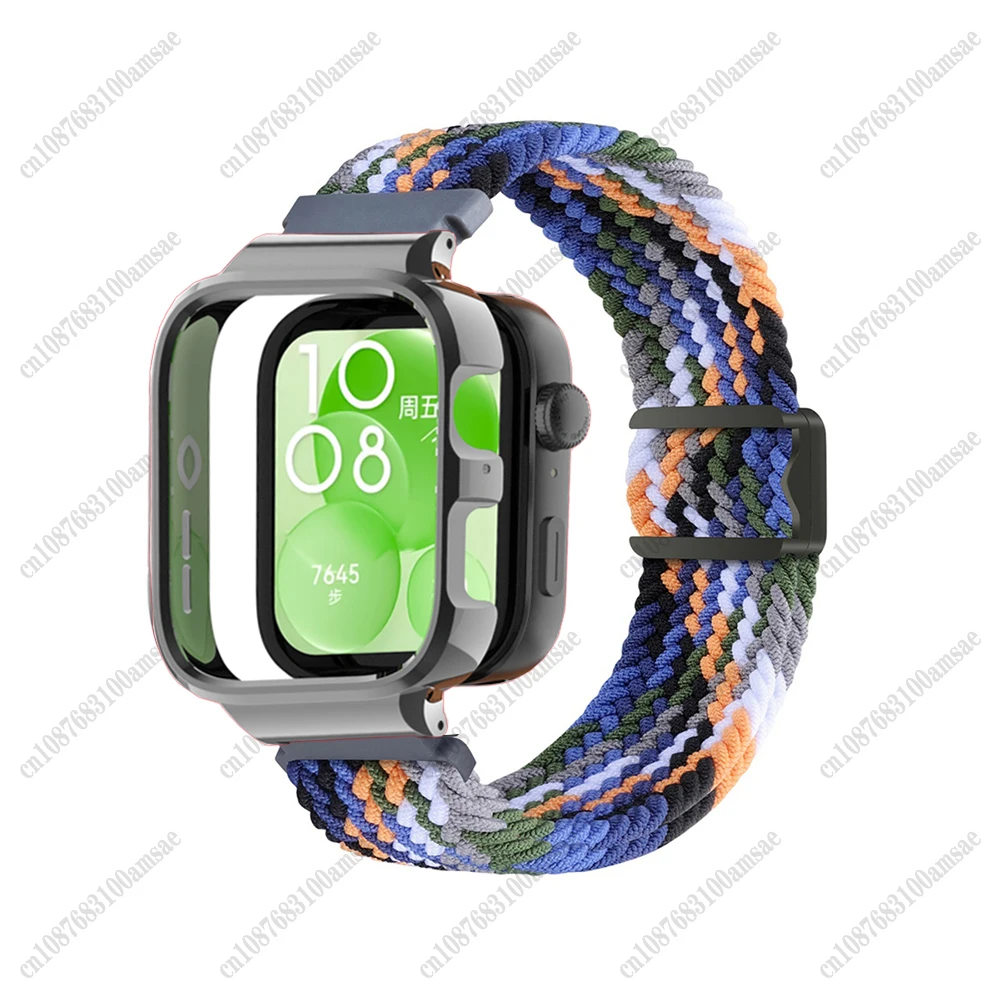 حزام بإبزيم مغناطيسي لساعة Huawei Watch Fit 3 سوار رياضي مضفر بحلقة منفردة لساعة Huawei Watch Fit 3 حافظة معدنية + حزام ساعة من النايلون