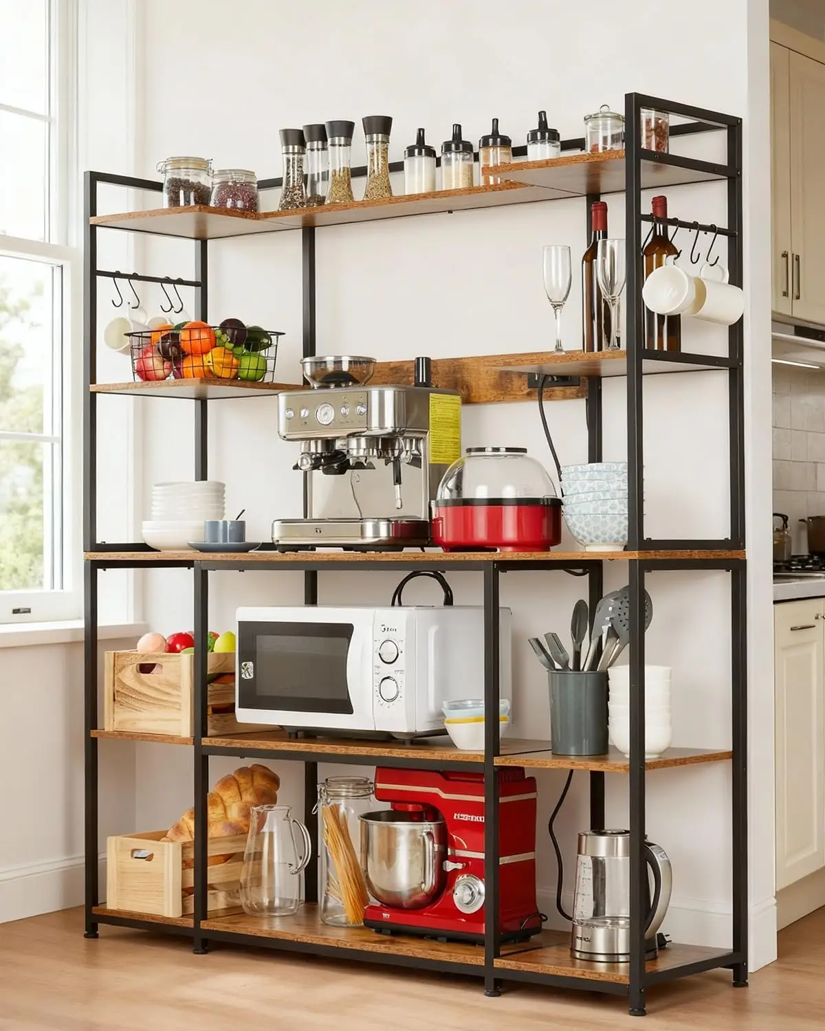 Industrial Kitchen Bakers Rack with Power Outlets, 5-Tier Microwave Stand with 2 AC Outlets, USB & Type-C Ports, 6 S-Hooks Kitch