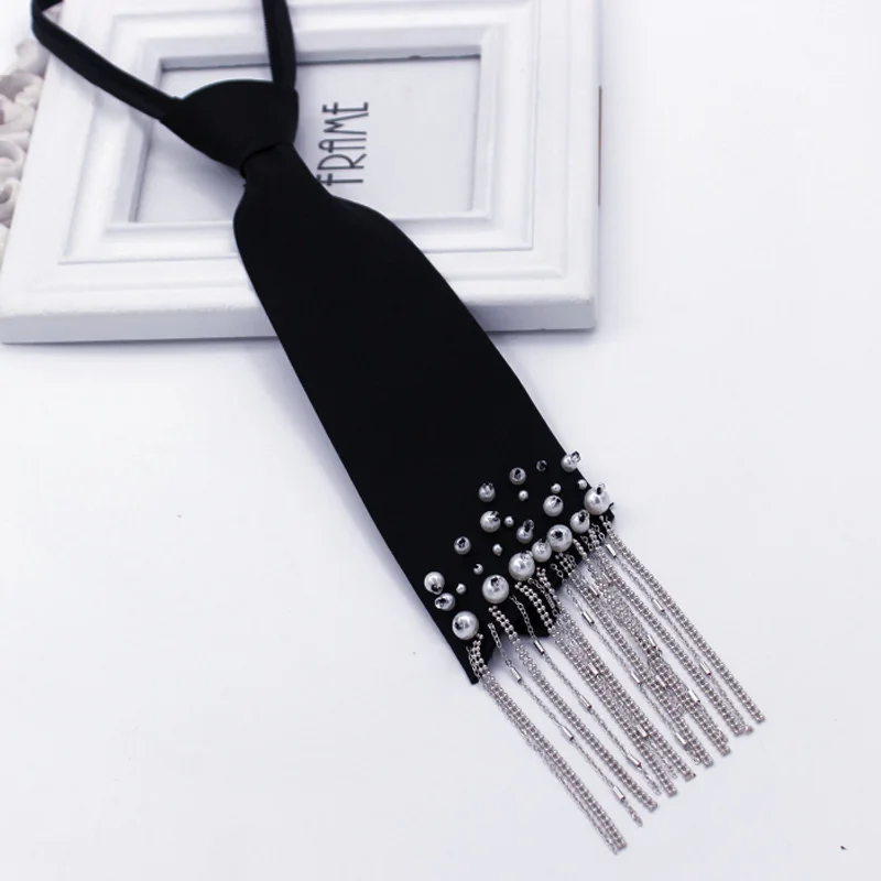 New Korean Sweet Butterfly Tassel Diamonds Neck Tie Rhinestone Bow Tie for Clothing Accessories Women Shirt Black Shirt Ties