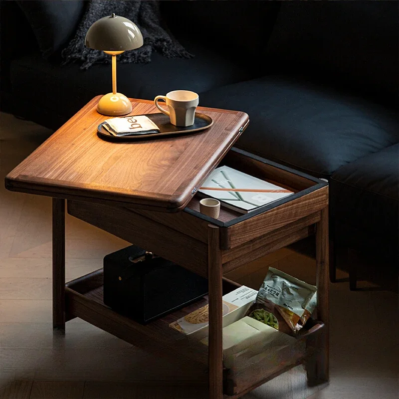 

Black walnut mobile folding coffee table small table, small apartment sofa small edge corner few solid wood trolley