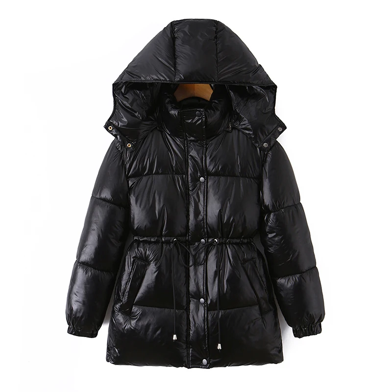 

﻿ YENKYE женское теплое стеганое пальто с капюшоном в европейском и американском стиле, зимняя верхняя одежда на молнии спереди с завязками на талии и длинными рукавами