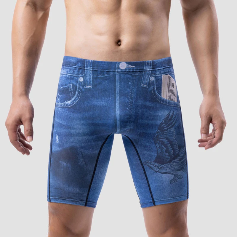 Tamanho grande Mens 3D Print Denim Calcinhas Moda Ice Silk Sexy Underwear Estilo Jean Long Leg Boxer Shorts Calzoncillos Cuecas