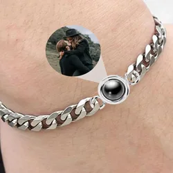 17+5cm Stainles Cuban Bracelet Personalized Circle Photo Bracelet Custom Projection Personality Memorial Birthday Christmas Gift