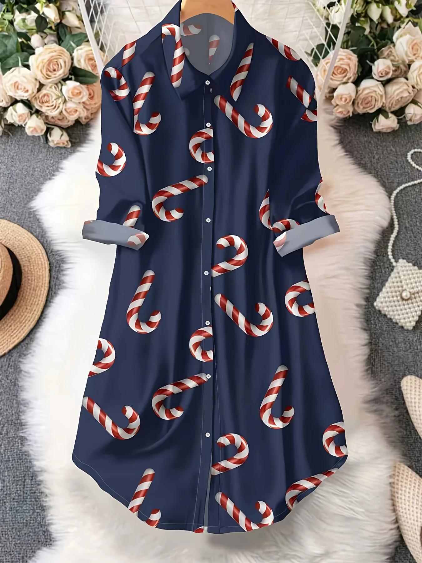 

Повседневное платье-рубашка с длинным рукавом и рождественским принтом, праздничный цветочный узор, женское летне-осеннее модное платье А-силуэта