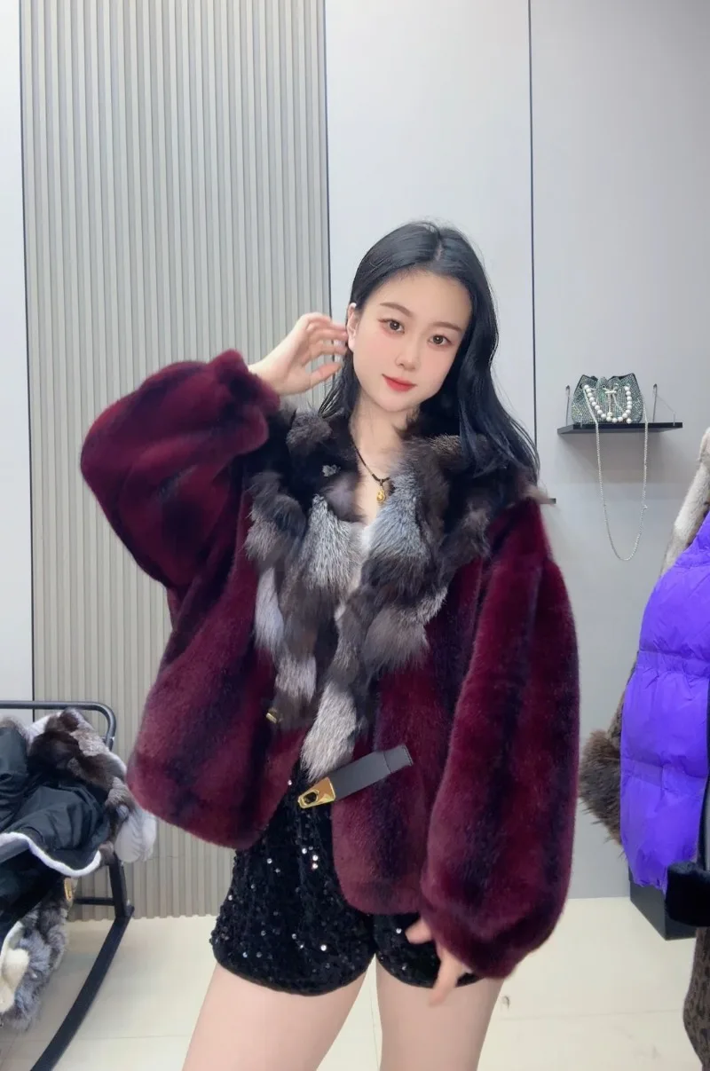 2025 Winter New Cross Pattern Fox Fur Collar Short Exquisite Jacket Fashionable Casual Woolen Coat Outerwear For Women's Clothes