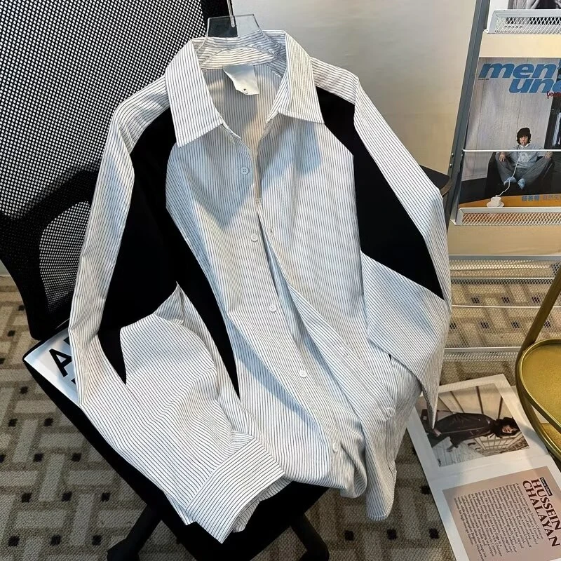 Men Striped Shirt Japanese New Spring Autumn Casual Loose Splicing Long Sleeve Coats Popular Versatile Blue Personalizd Tops