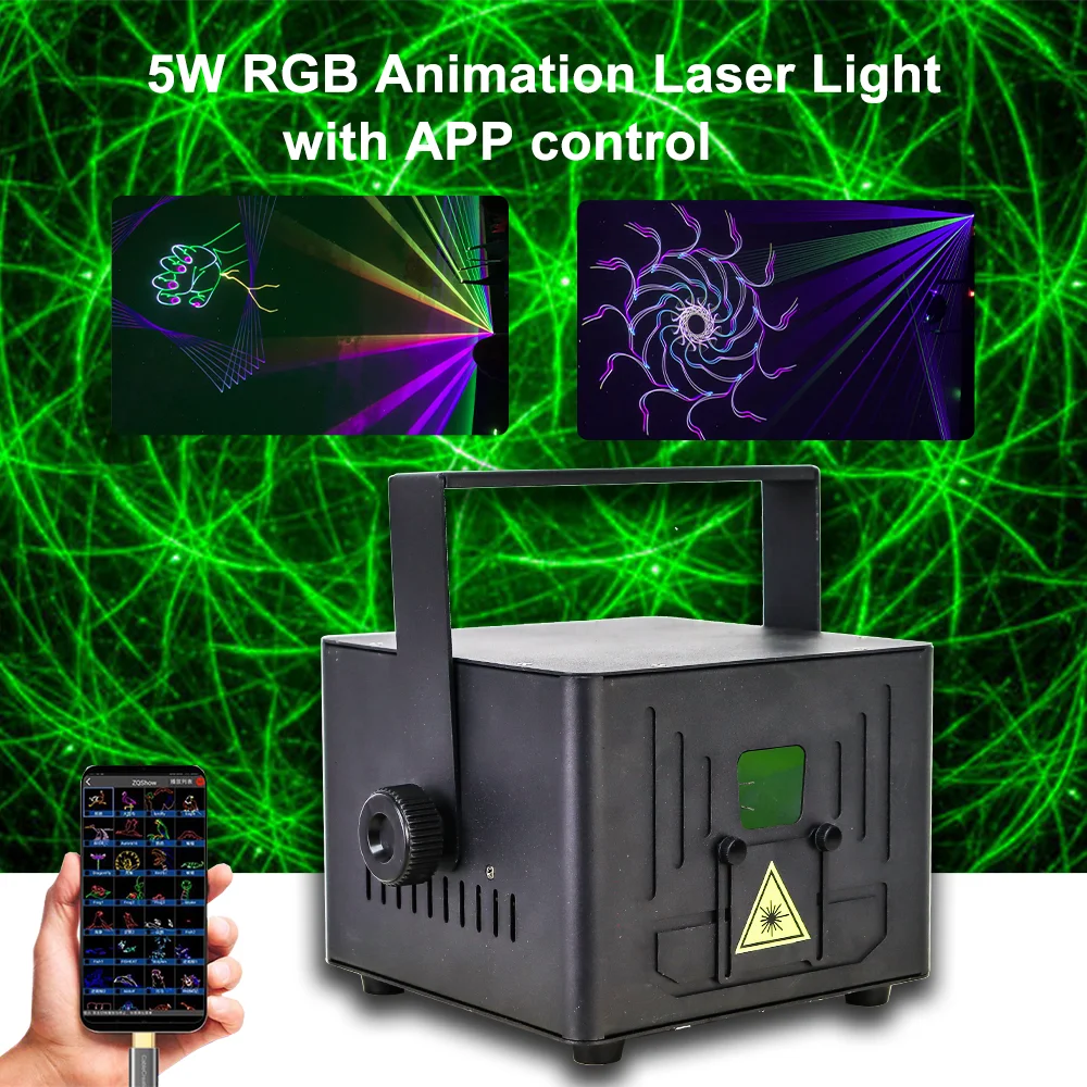 

5W RGB Animation Laser Light Projector with APP control DMX512 for DJ Disco party wedding Christmas Stage Lights