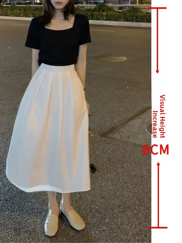 High Waist Square Collar Short Sleeve T-Shirt Set Women's Fashion Retro Umbrella Skirt Ensemble Korean Style Commute Wear