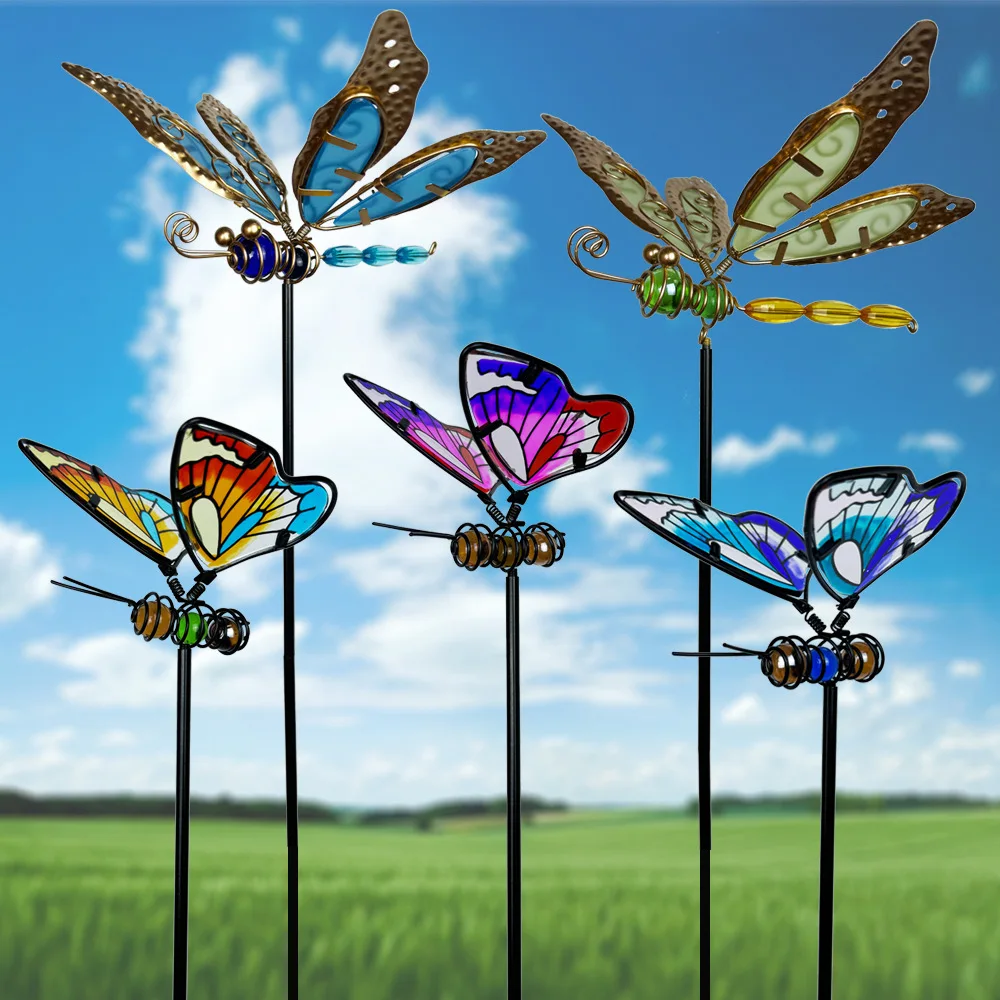 Metal Butterfly Dragonfly Garden Stake Stained Glass Yard Decor Outdoor Lawn Patio Flower Pot Pathway Hanging Ornament