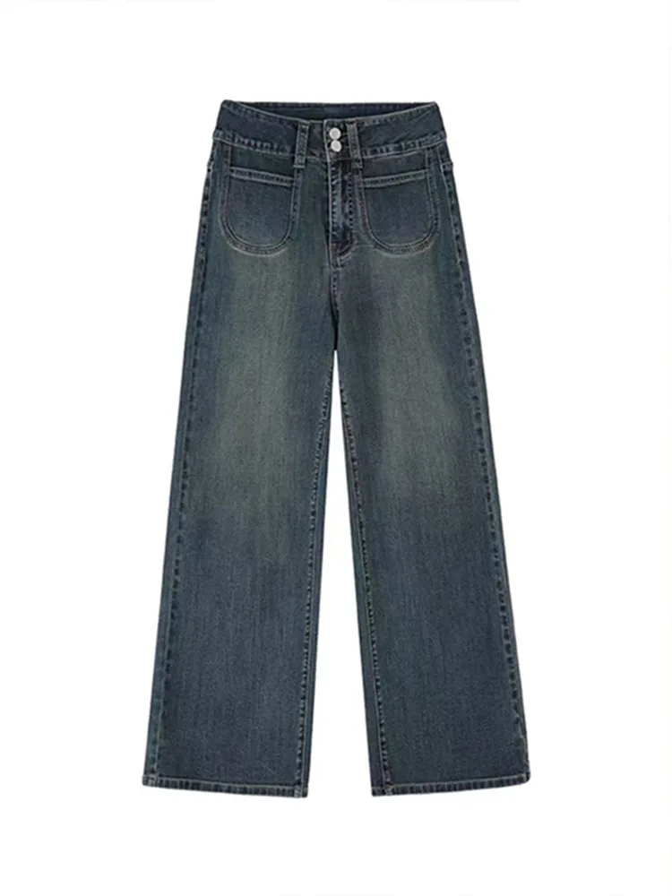 plus Size Vintage Fce Lined Thi Denim Pants Women's Autumn Winter Loose Straight Wide Leg Long Trousers Slimming Effect