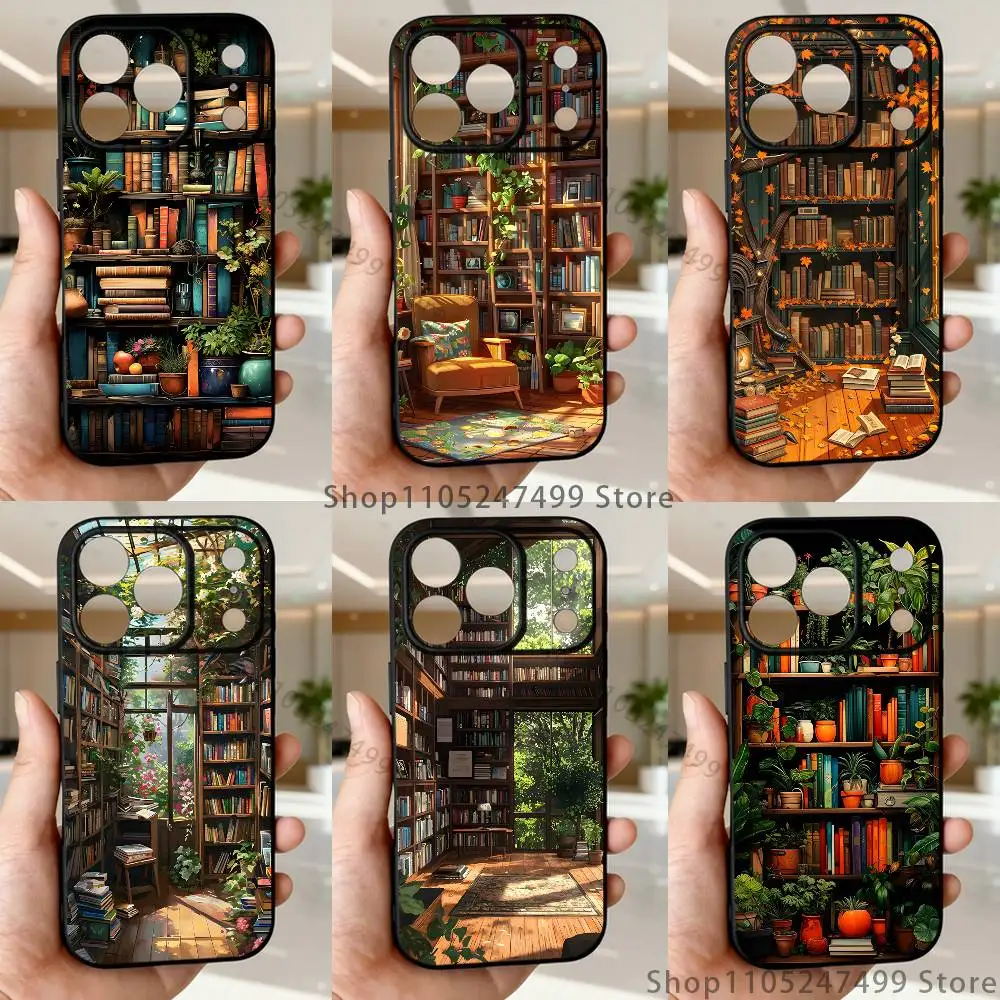 

Book Shelf Creative Pattern Phone Case For iPhone 17,16,15,14,13,12,11,Pro Max,XSX,,XR,SE,Mini,8,7,Soft Silicone Black Cover