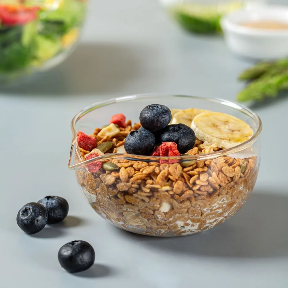 

350/600ml Glass Mixing Bowl Transparent Heat-Resistant Salad Bowl with Diversion Port Japanese Style Matcha Bowl Vegetable
