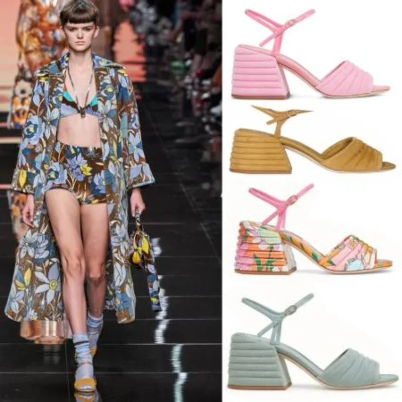 

Женские замшевые босоножки на высоком каблуке, однотонные сандалии с круглым носком и пряжкой, 2024