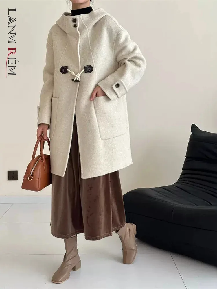 LANMREM Hooded Double Sided Woolen Coat Women\'s Solid Color Casual High End Coats Versatile 2024 Autumn Winter New 2Z2322