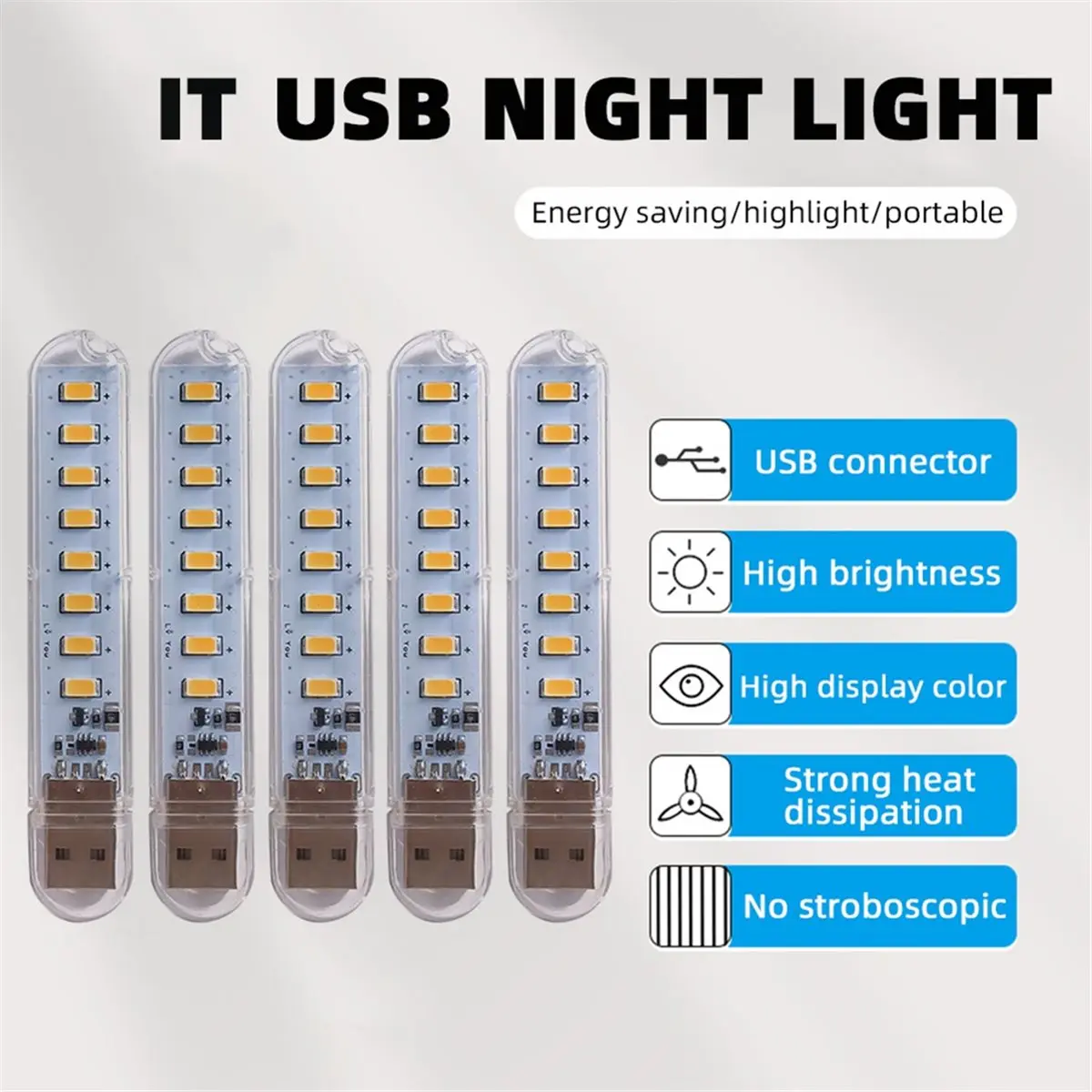 (ABGQ) 5pcs Portable USB Strip Light Mini Led Warm White Night Lights USB Plug Book Lamp Room Emergency Lighting White