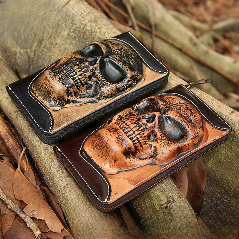 Men's Wallets Punk Cowhide Skull Ghost Head Men's Zipper Wallet Cowhide Leather Long Multi-functional Personalized Clutch Bag