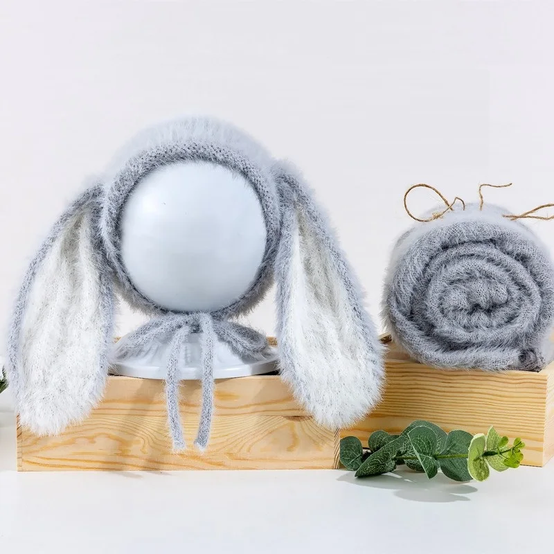 2023Newborn fuzzy bunny hat with wrap for newborn photography props,soft blanket for baby photo shoot