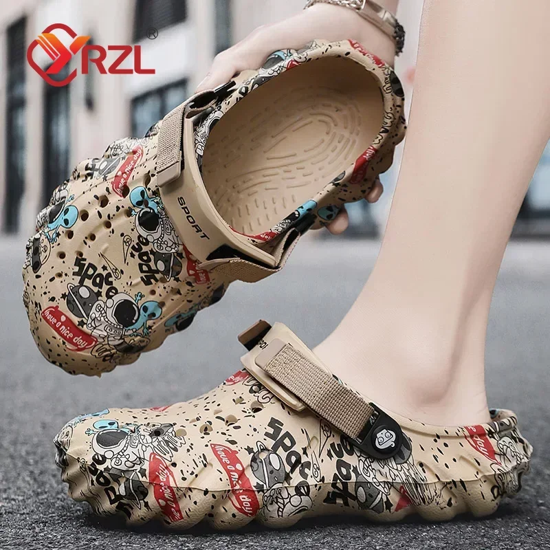 YRZL Sandals Mens Summer Shoes Graffiti Non-slip Wear-resistant Sandal Comfortable High Quality Beach Outdoor Slippers for Men