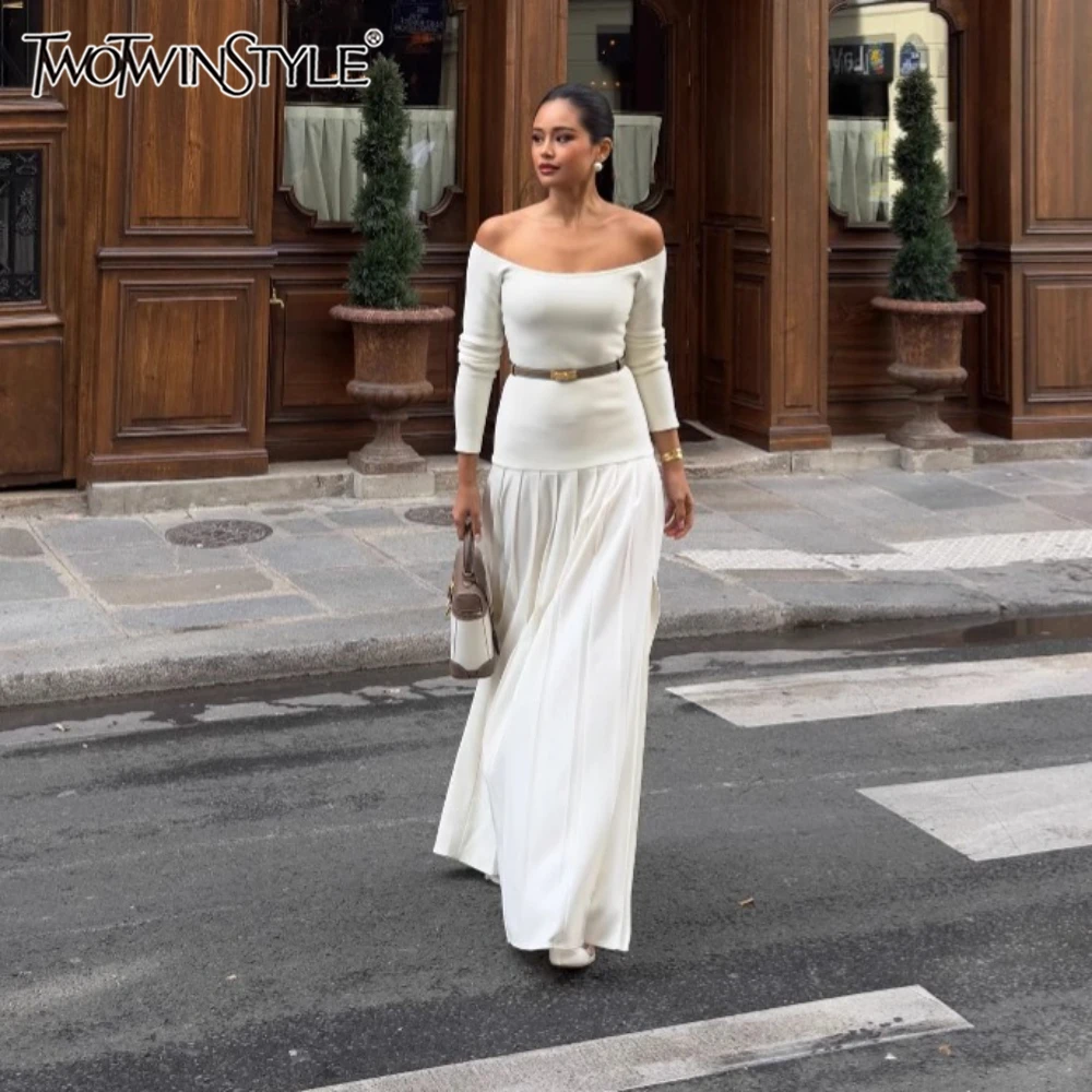 

TWOTWINSTYLE французское нежное длинное платье с разрезом для женщин, модные плиссированные стильные платья с вырезом и длинным рукавом с высокой талией, женские