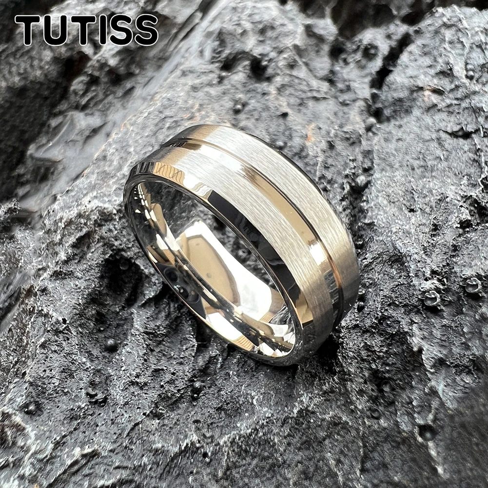 

TUTISS 8mm Black Silver Color Wedding Band Stainless Steel Ring For Men Women Middle Groove Fashion Jewelry Great Workmanship
