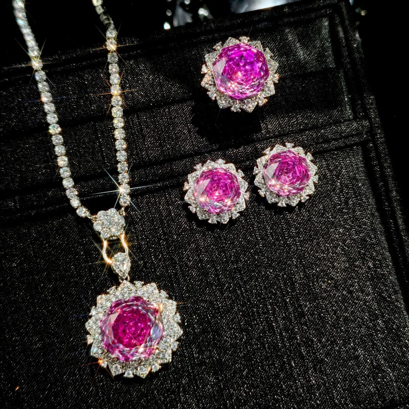 Octagonal Rose Cut 3D Flower Zircon Necklace Earrings Ring Set for Women High-end Date Gift