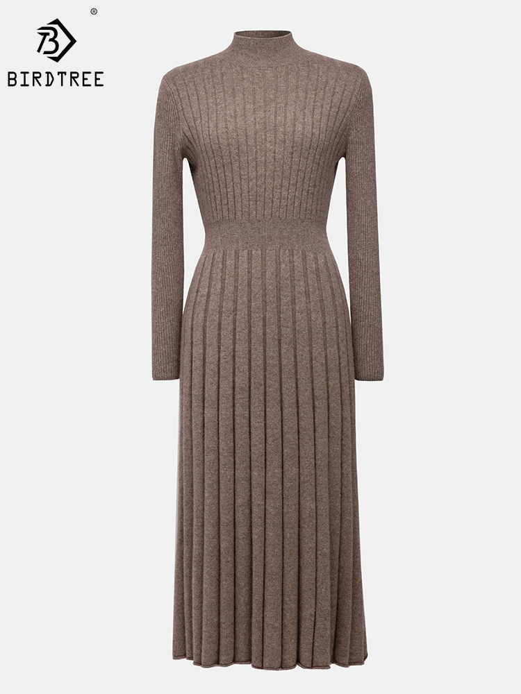 

Birdtree 100%Cashmere Elegant Dress Thickened Half-high Neck Long Sleeve Solid Slim Temperament Knitted Dress Autumn D3D942QD