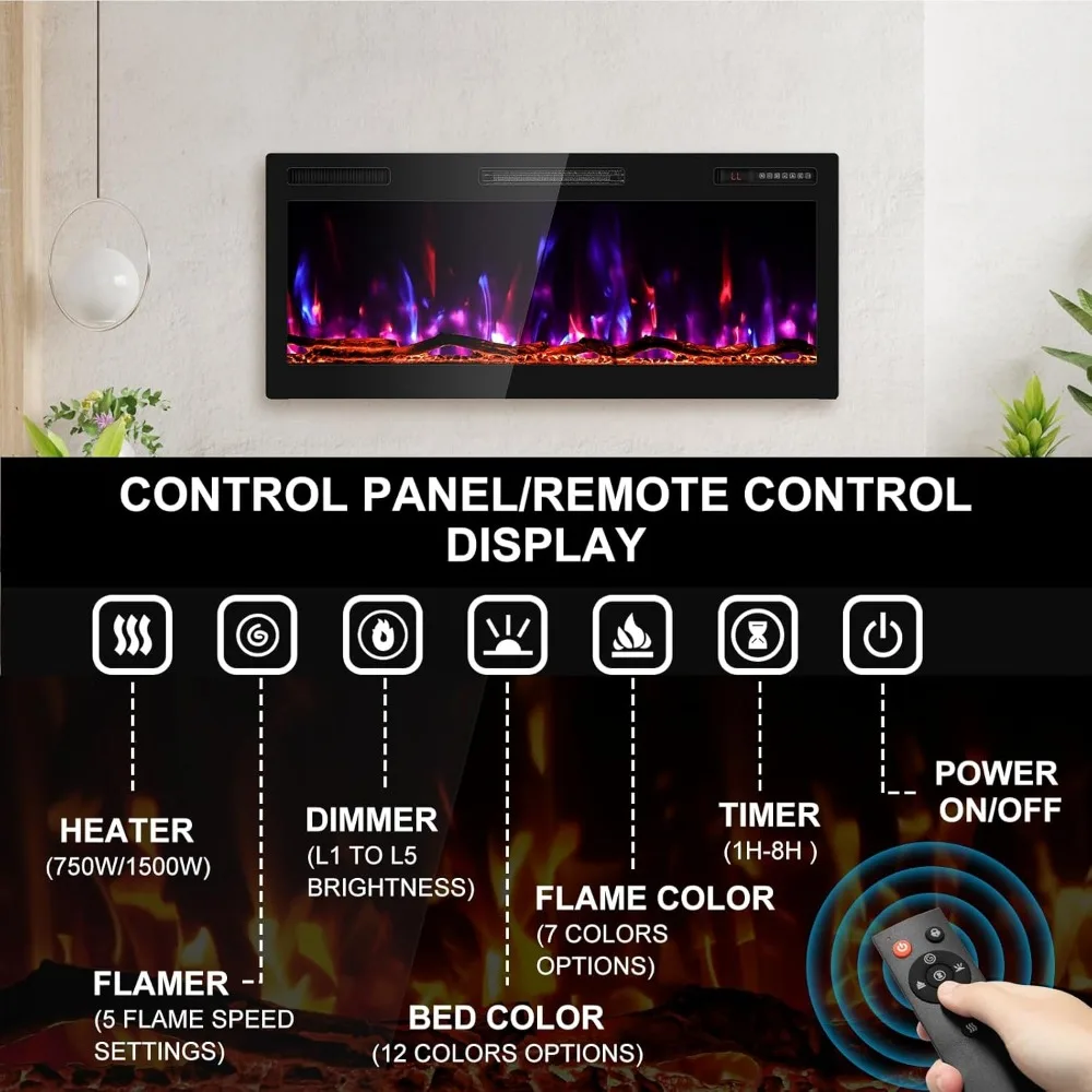 Calentador de chimenea eléctrico lineal ultrafino de 42 pulgadas montado en la pared con 750/1500W, llamas de troncos realistas, pantalla de alta definición f