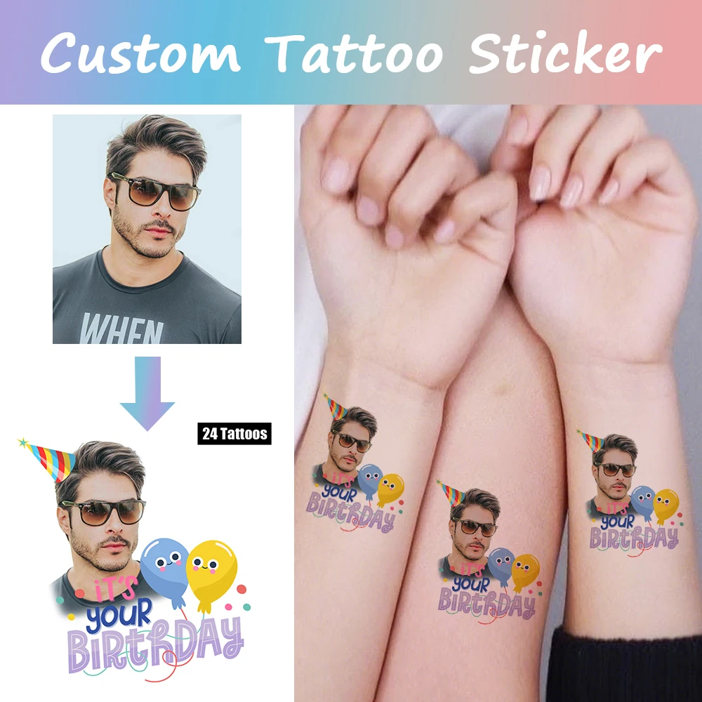 24 Designs Happy birthday Customized Personalized Waterproof Temporary Tattoo Sticker, Face Design With Birthday Hat Cake Star