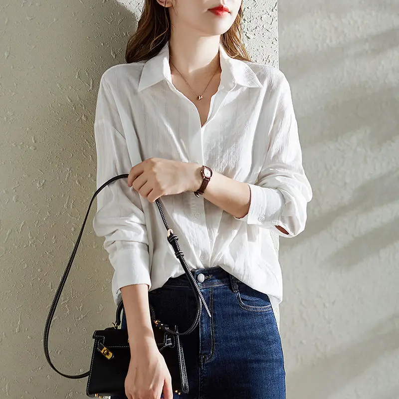 Spring Autumn Fashion Cotton Solid Shirts Women's Clothing Temperament Polo Neck Long Sleeve Single Breasted Korean Chic Blouses