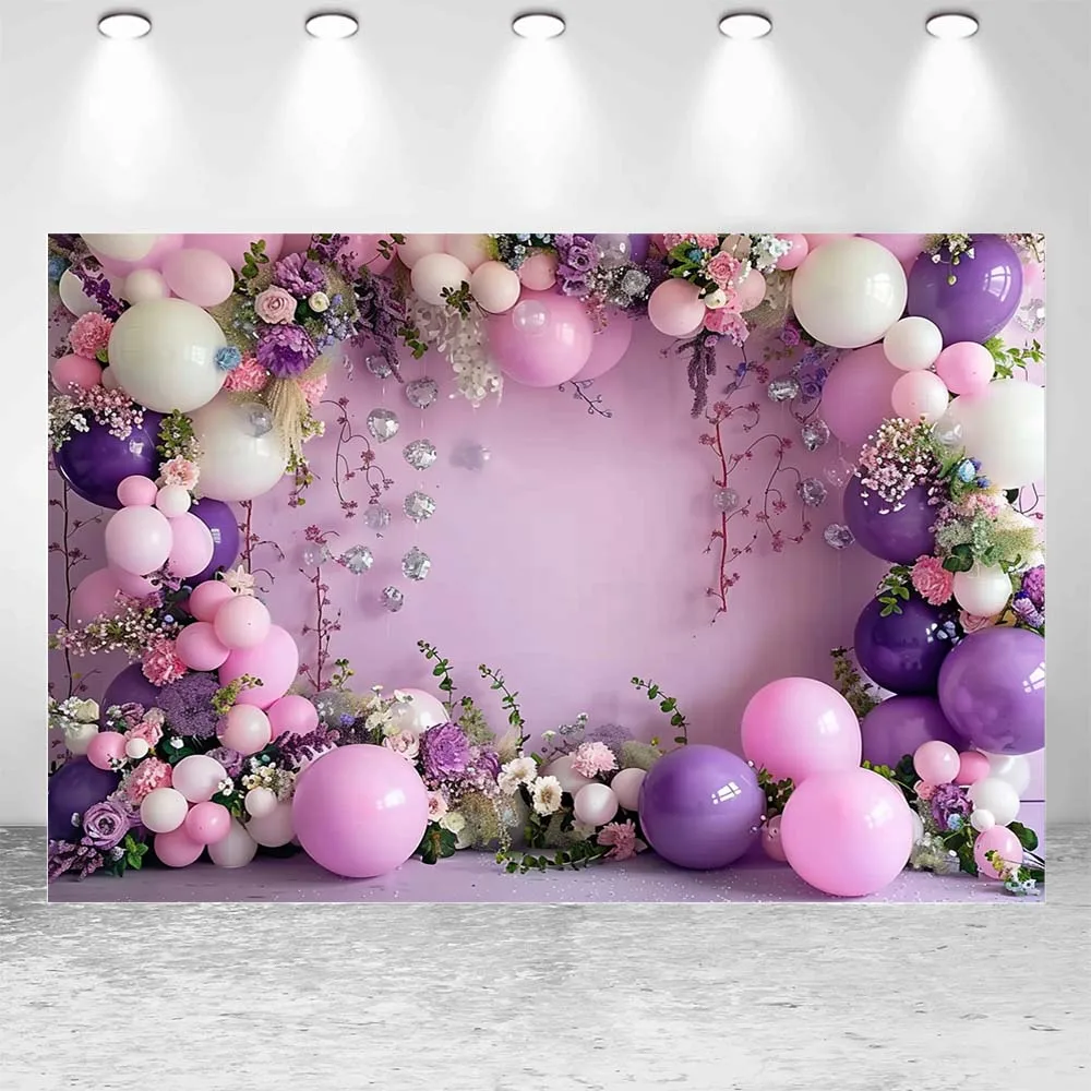 Mocsicka Backdrop for Photography Pink Purple Wall And Floor Flowers Balloons Baby Kids 1st Birthday Cake Smash Photo Background