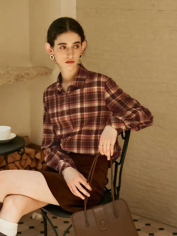 OLrain Vintage Plaid Shirt Women Spring 2025 New Fashion Lapel Collar Loose Casual Drop Sleeve Folds Female Blouses O56DC93523