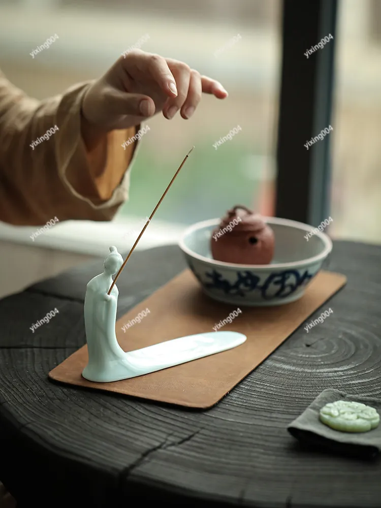 Celadon Lady Incense Holder, Ceramic Line Incense Burner Retro Chinese Style Home Decor Ornament