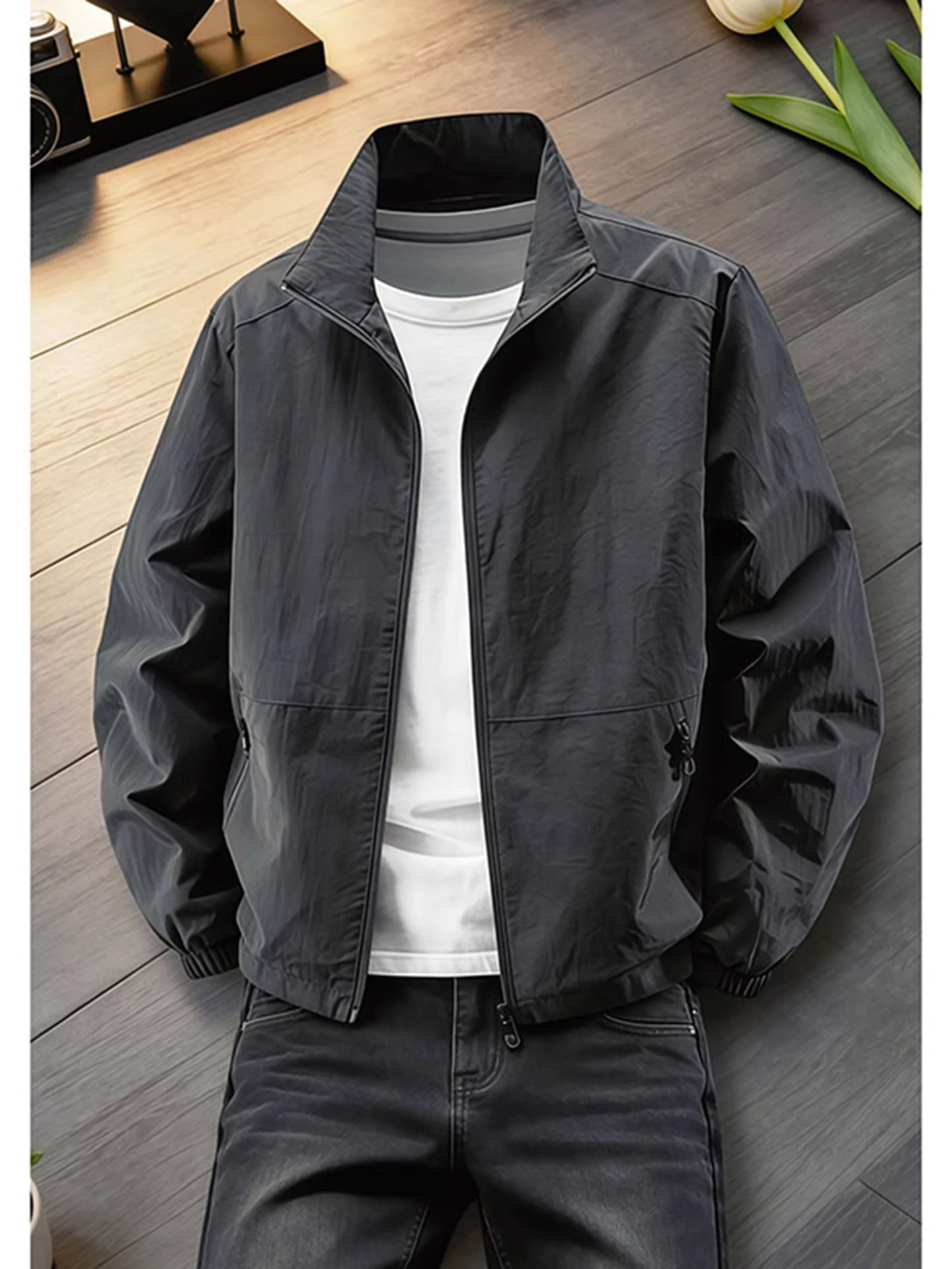 Gray Three-Proof Administrative Jacket Men's Spring Thin American Outdoor Fleece Casual Sports Leisure Coat Shoulder Stand Co...