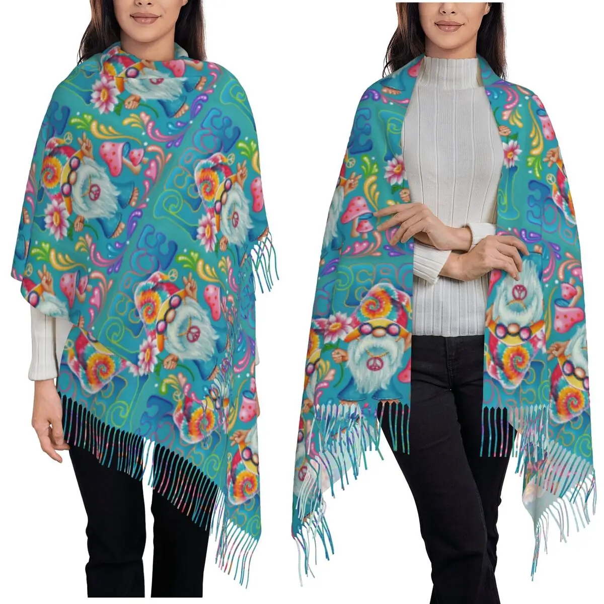 

Шарф с подсолнухом и гномами, шарфы с кисточками для женщин, мягкие теплые шали и накидки, большая осенне-зимняя шаль