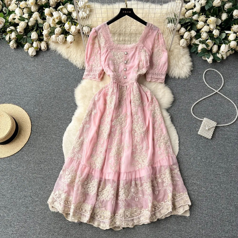 

French Vintage Square Collar Embroidery Patchwork Folds Puff Sleeves Short Sleeves Dress Casual Women Fashion Autumn Dress