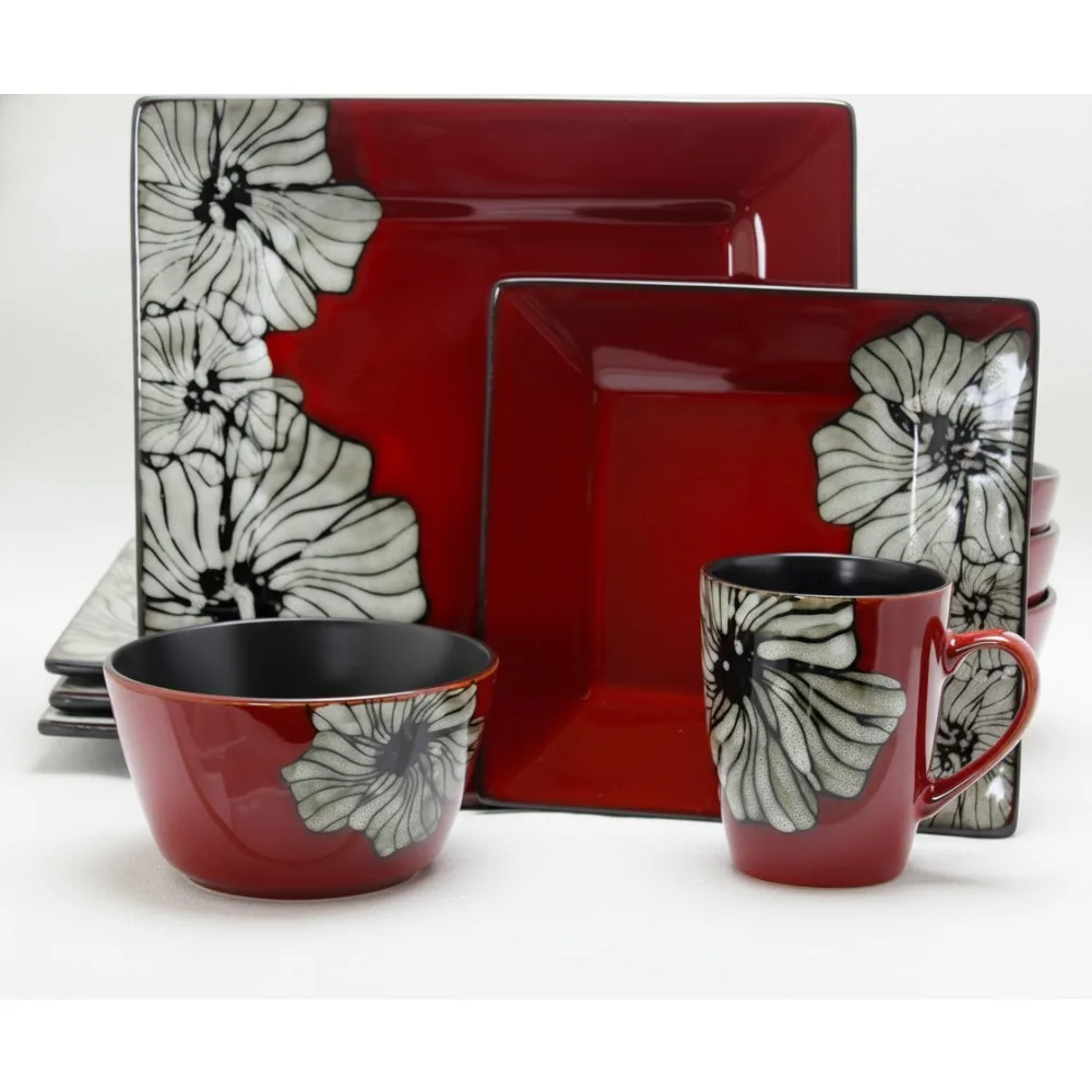 

16-Piece Red Floral Stoneware Dinnerware Set, Microwave & Dishwasher Safe, Modern Tableware for Family Dining