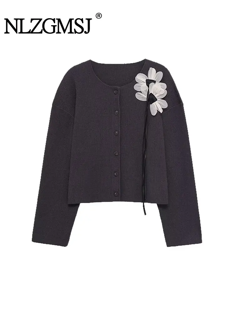

NLZGMSJ Women Flower Decoration Knitted Cardigan Jacket 2025 Autumn Long Sleeve Single Breasted Short Sweater Female Top Y2K