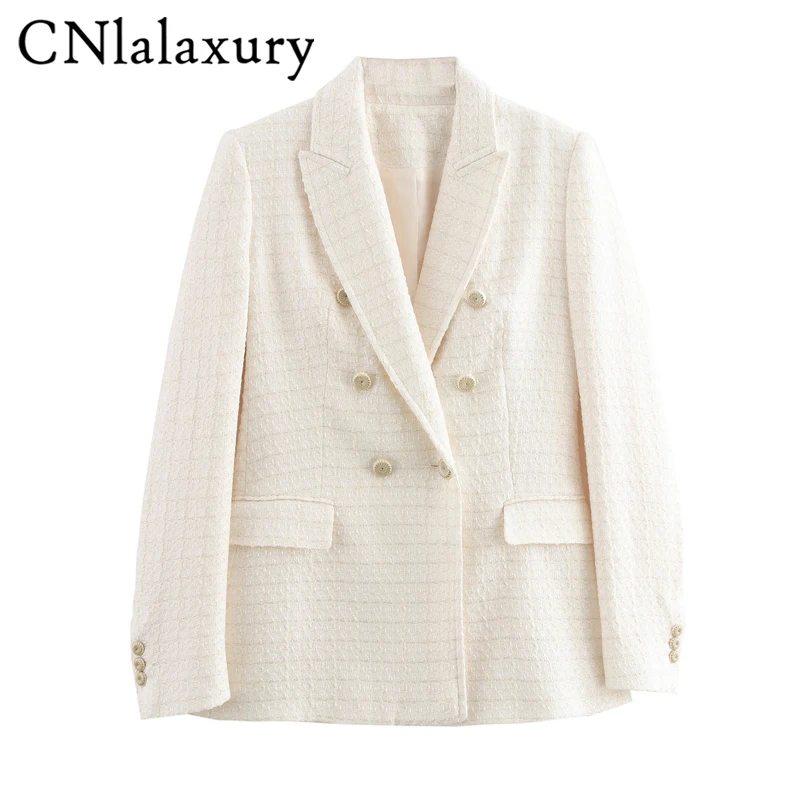 เสื้อเบลเซอร์ผ้าทวีดสีเบจสำหรับผู้หญิงเสื้อโค้ทกระดุมสองแถวมีกระเป๋าแจ็คเก็ตทำงานผู้หญิงที่สง่างาม