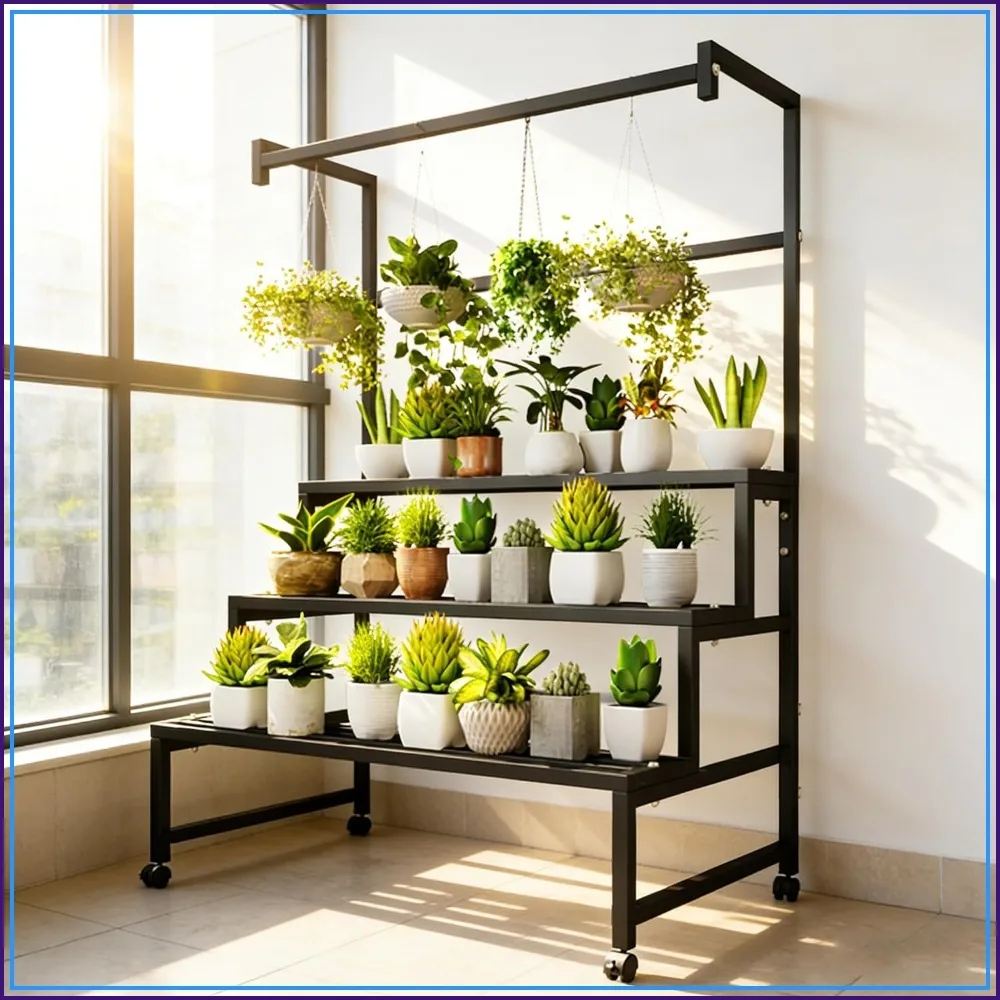 4-Tier Metal Plant Stand on Wheels, 31x24x65 in, 440 lbs Capacity