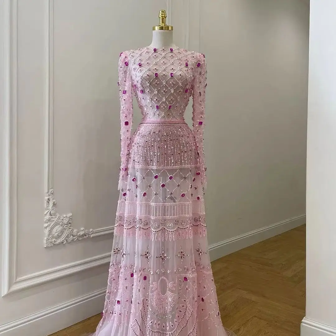 

FATAPAESE Customized Beading Crystals Gems Fully Luxury Prom Dresses Long Sleeve Sheath Slim Mermaid Floor-length Gown Maxi Tail