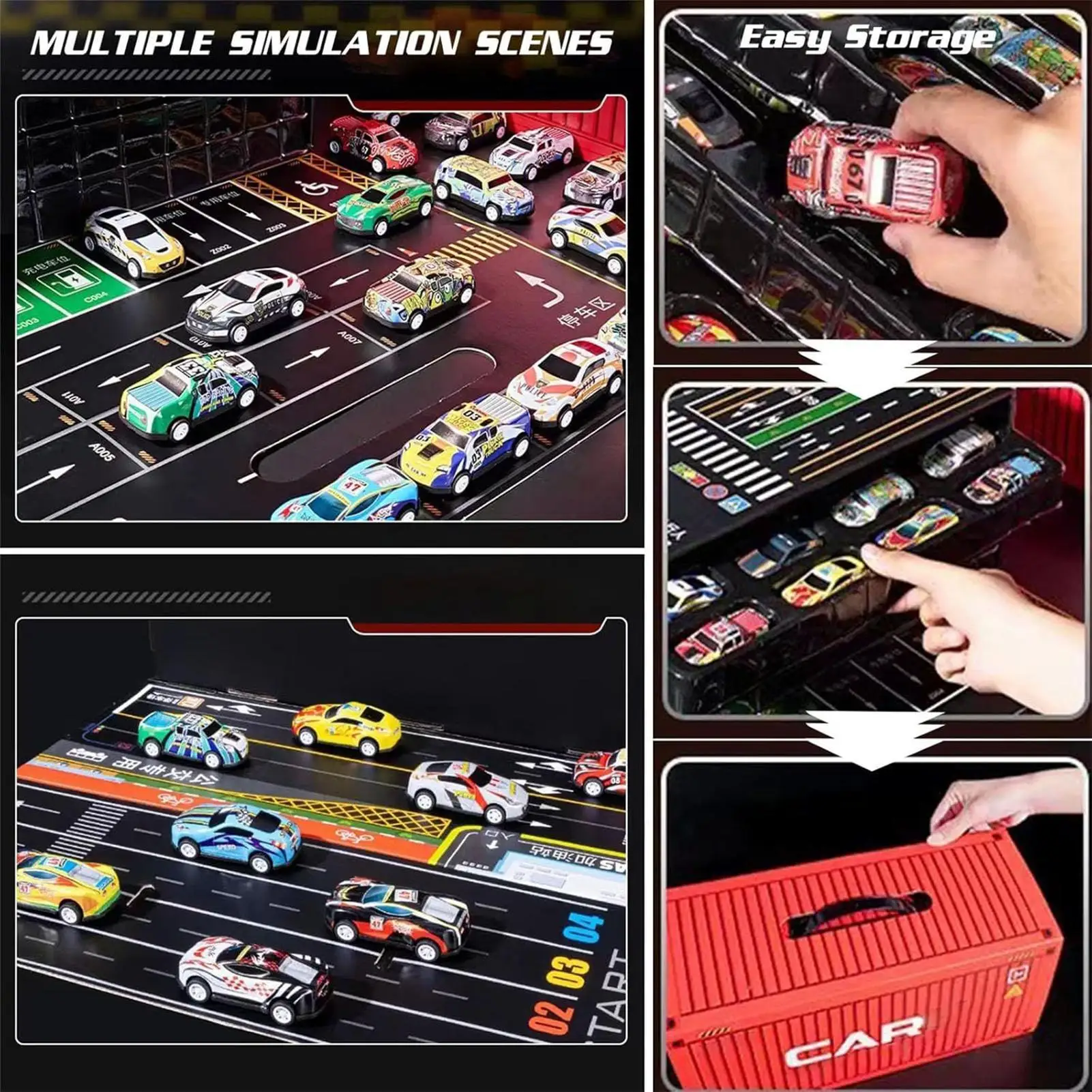 ألعاب تعليمية صغيرة مصنوعة من خليط معدني للخلف مكونة من 48 قطعة من ألعاب السباق مع سجادة لعب للأطفال والأولاد والمنزل والسفر وغرفة النوم والفصول الدراسية