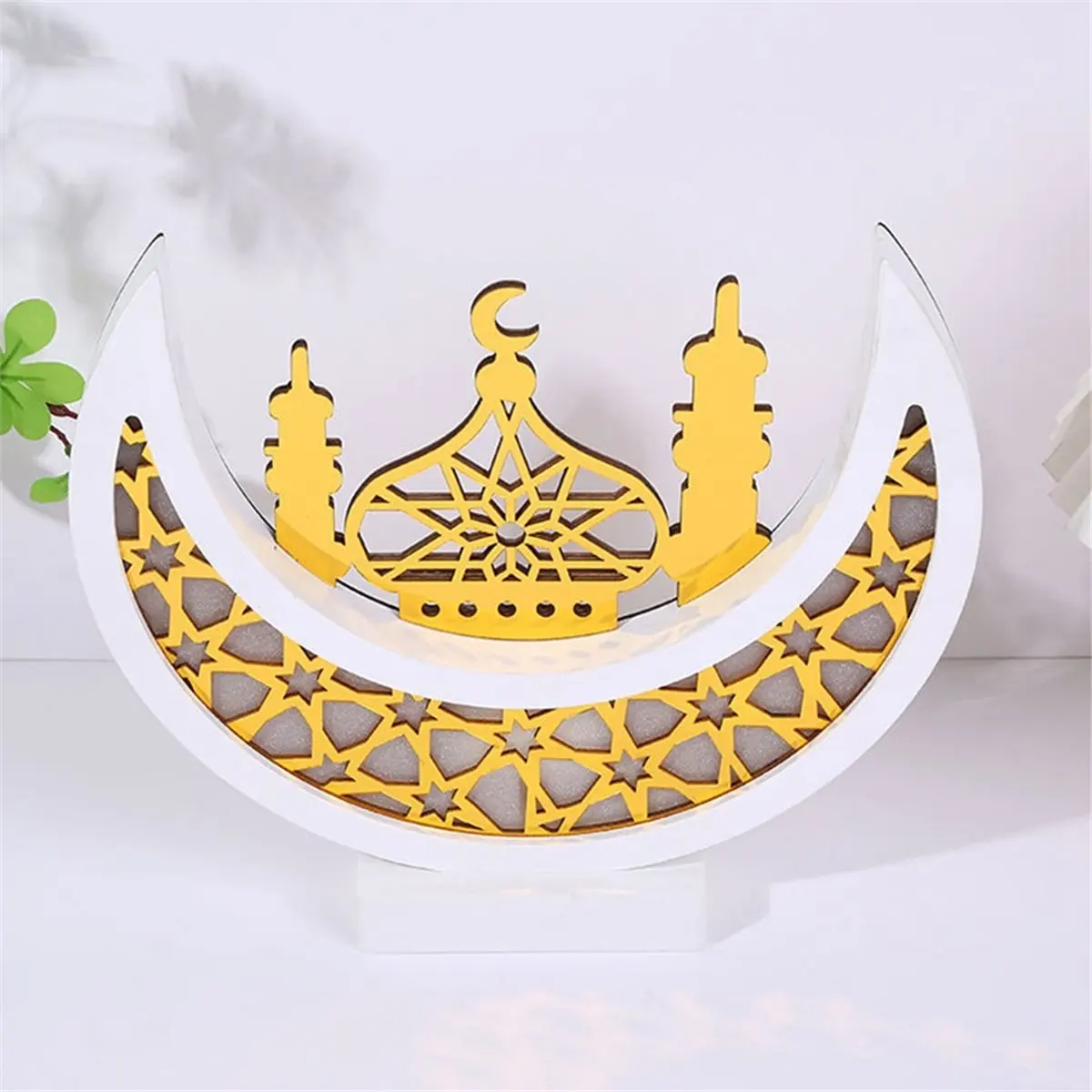 【~ Nouveauté FDDT】Ornements lumineux LED en forme de lune, décorations pour la maison, les fêtes et les bureaux, artisanat en bois, décorations du Moyen-Orient, blanc