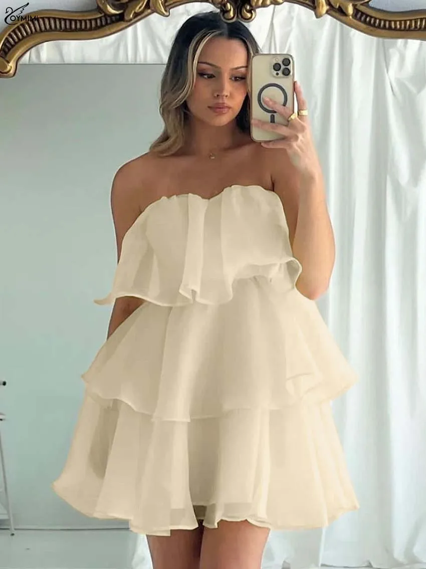 Oymimi-vestido informal con volantes de color albaricoque para mujer, vestidos a la moda de cintura alta con espalda abierta, minivestidos plisados con cremallera elegante, ropa de calle