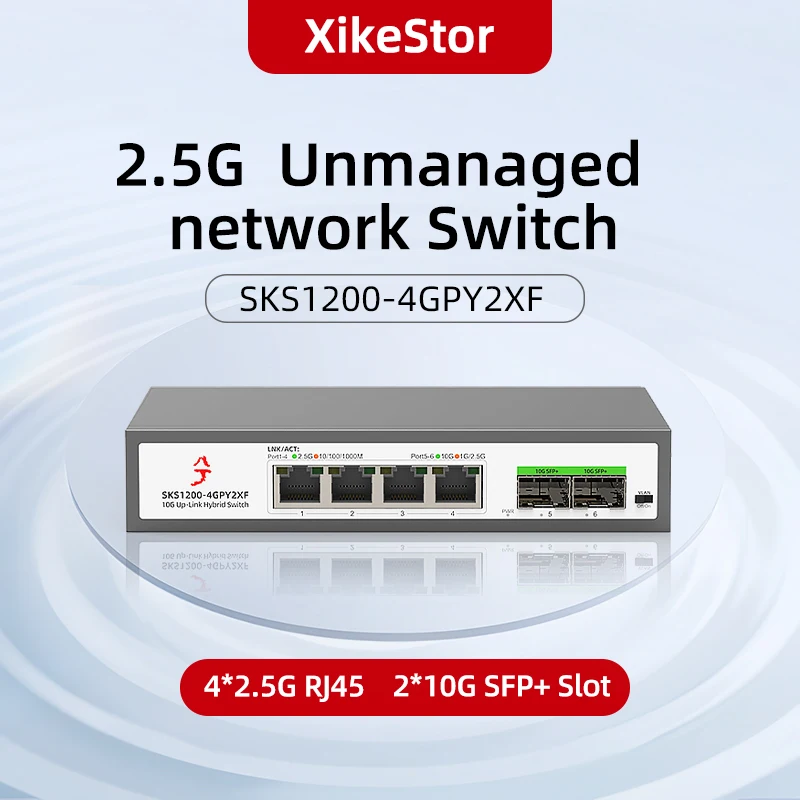 XikeStor 6 Ports 2.5G Unmanaged Ethernet Switch 4*2.5G RJ45 & 2*10G SFP+Fanless Plug and Play Cooling Shell