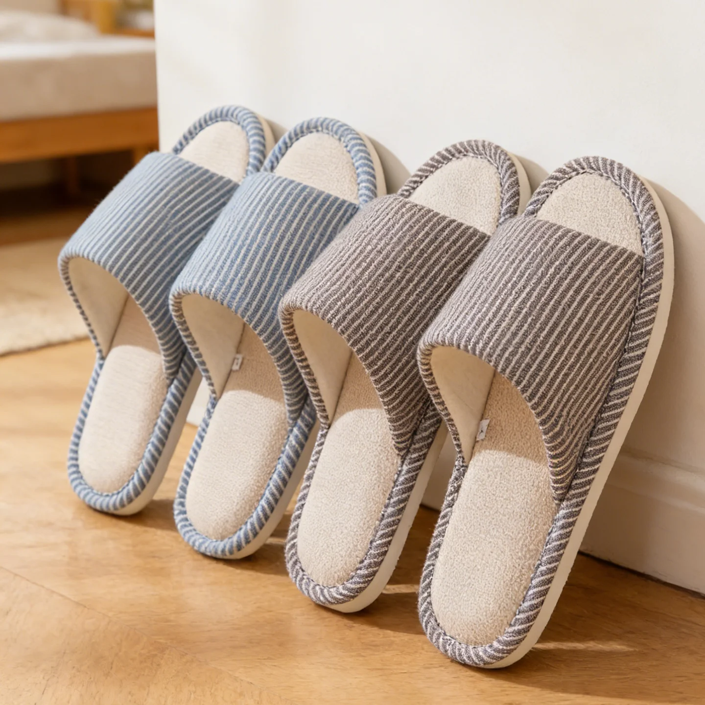 Men's Slip-Resistant Linen Slippers - Breathable Soft Sole House Shoes for Indoor Use, Non-Slip Stripe Design with Open Toe