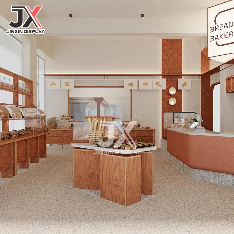 custom.Custom LED Bakery Display Cabinet Coffee Counter Bread Showcase Wooden Modern Cake Pastry Shelf Retail Cafe Furniture Sho view 6